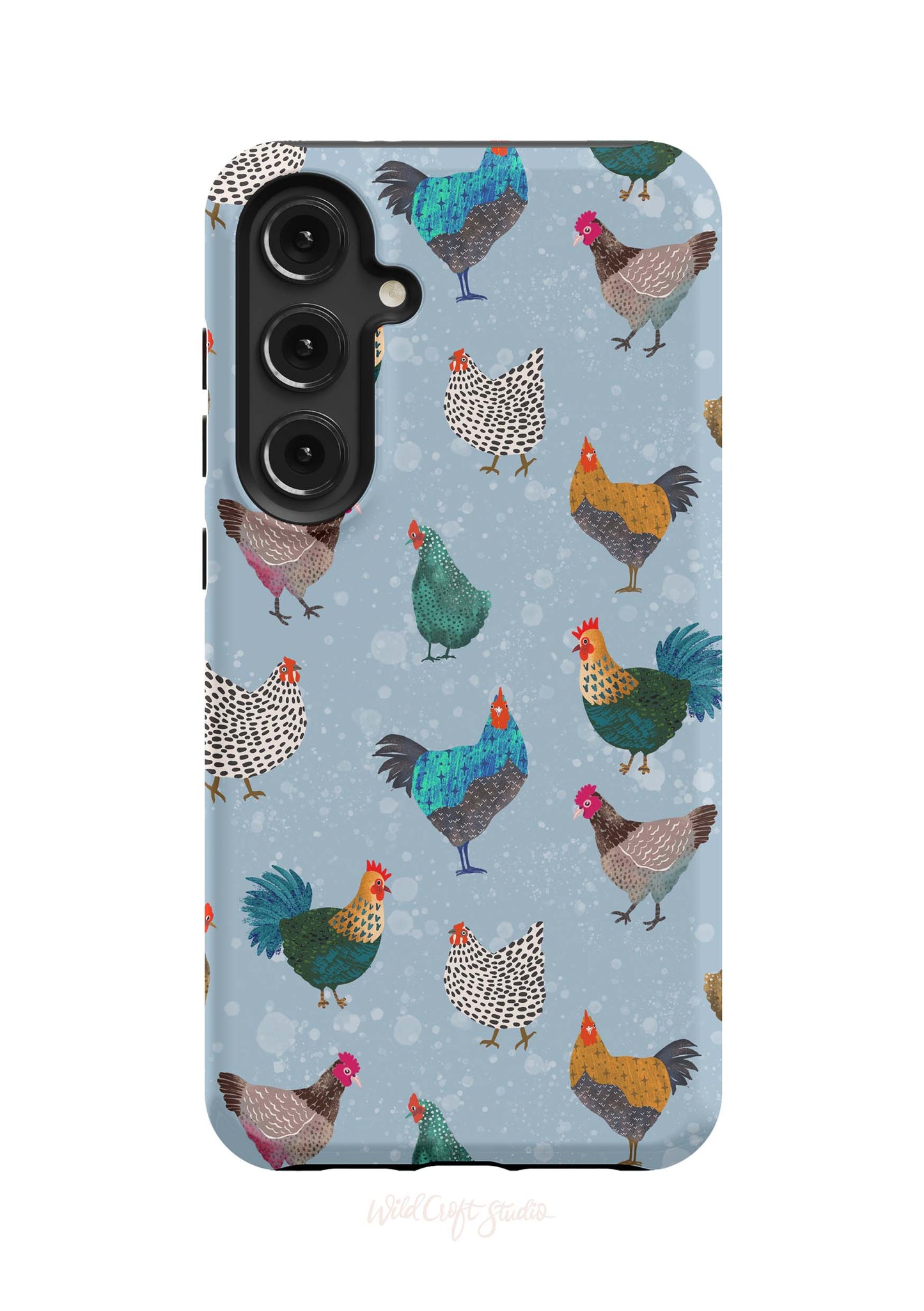 a phone case with chickens on a blue background