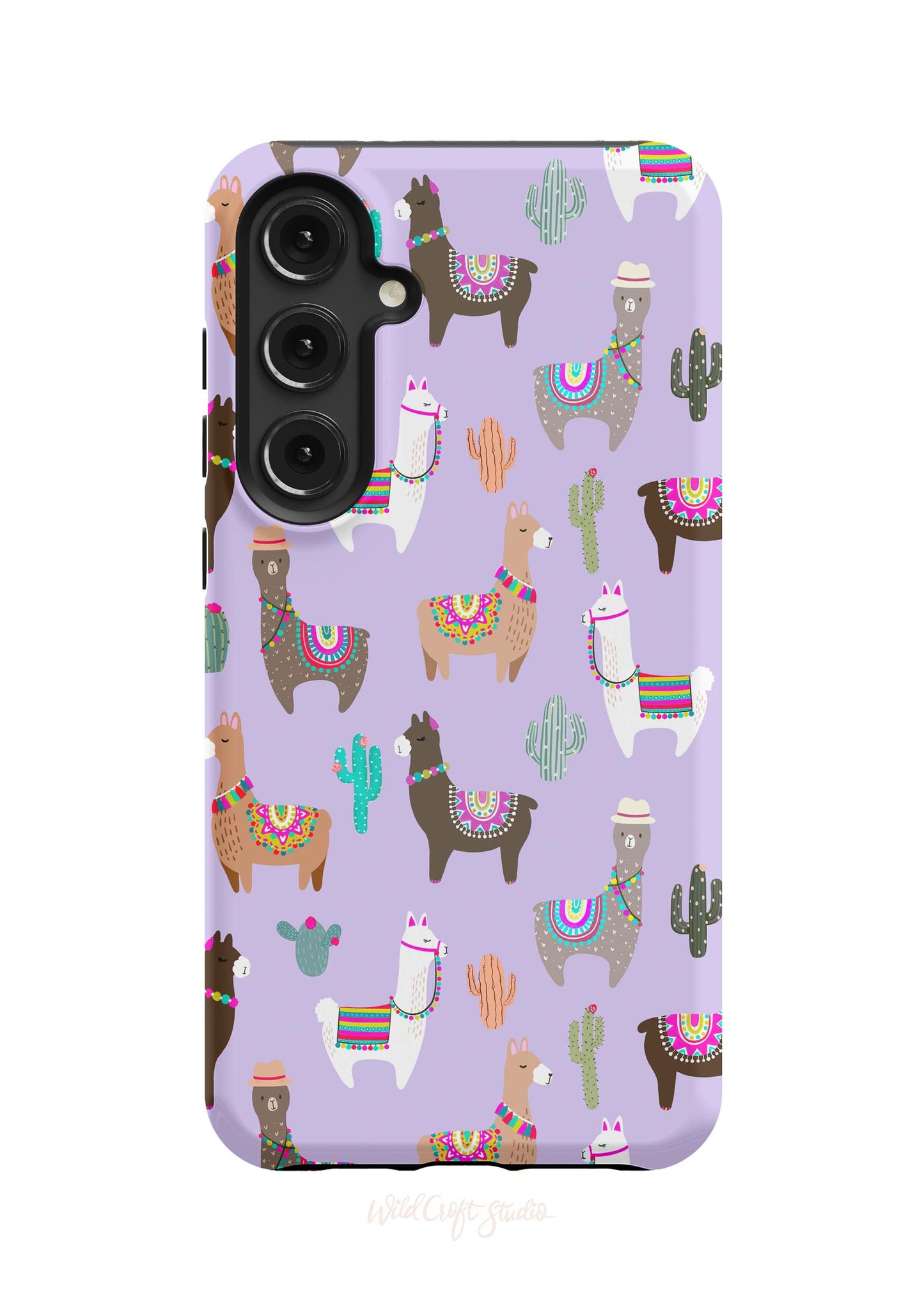 a purple phone case with llamas and cactuses on it