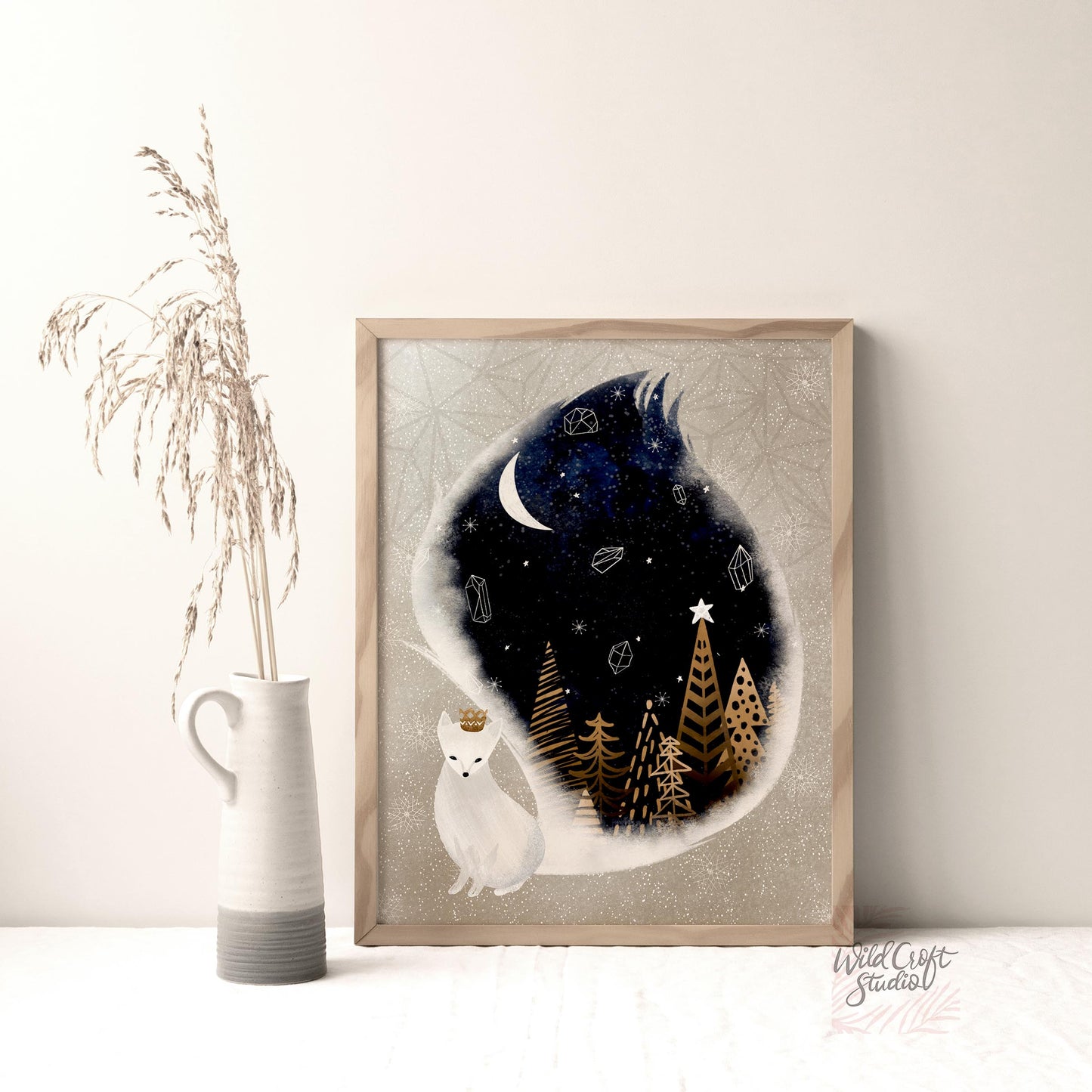 White Fox Night Winter Art Print