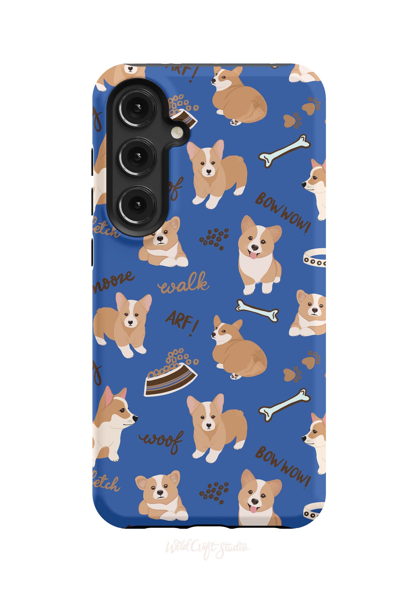 a blue phone case with corgi and bones on it
