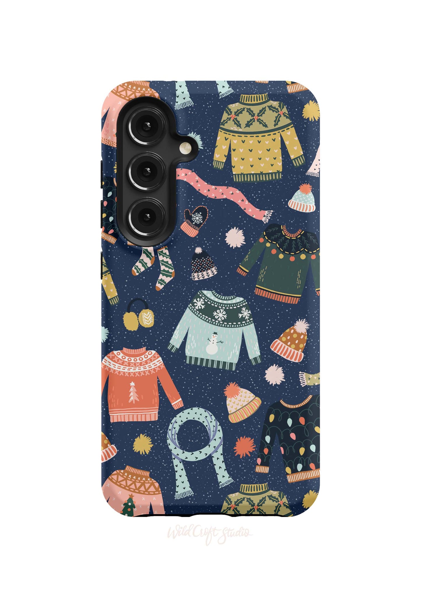 a phone case with a pattern of sweaters and hats