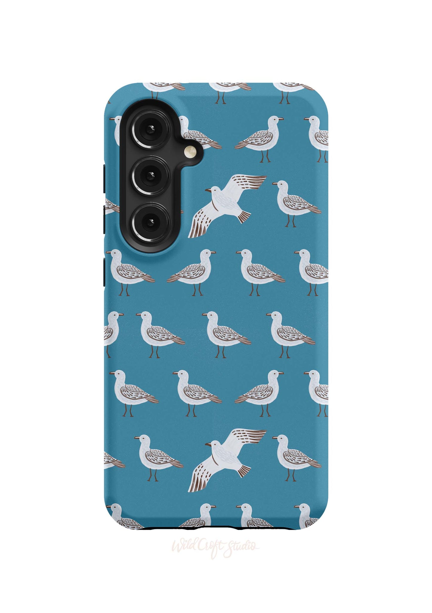 a phone case with a pattern of seagulls on a blue background