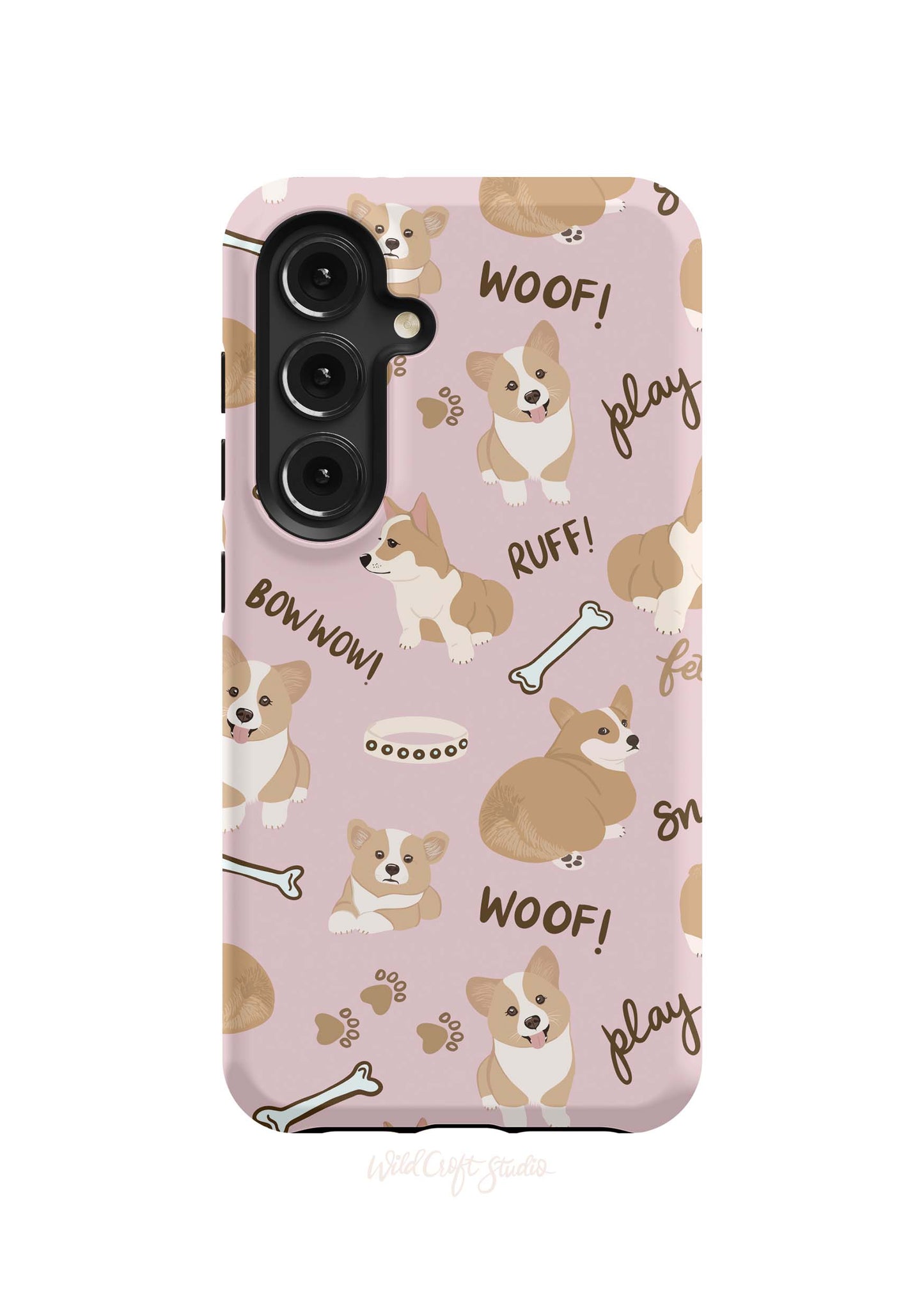 a pink phone case with dogs on it