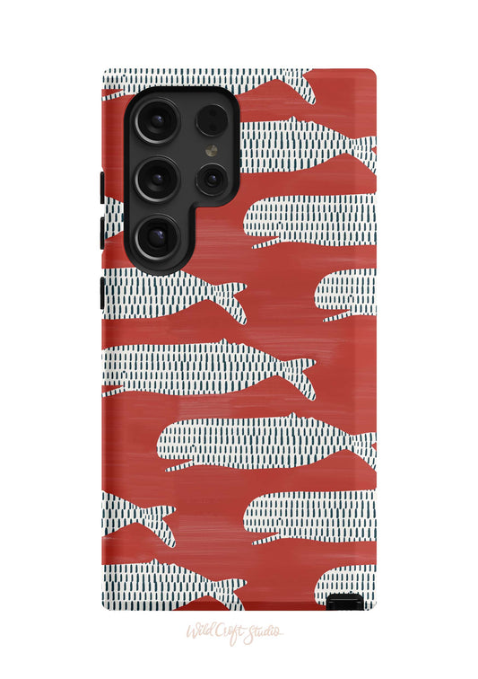 a red and white case with a pattern on it