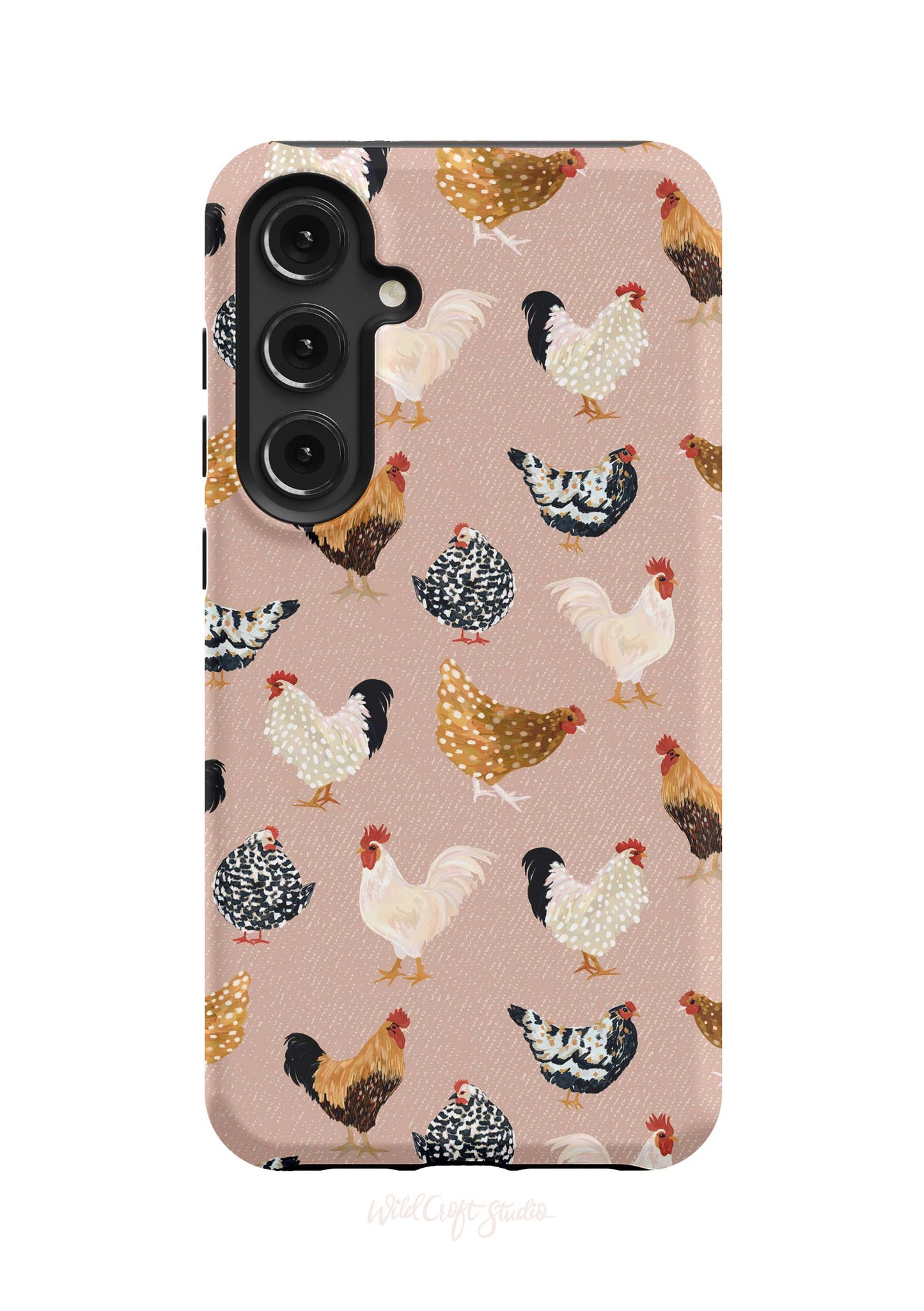 a pink phone case with chickens on it