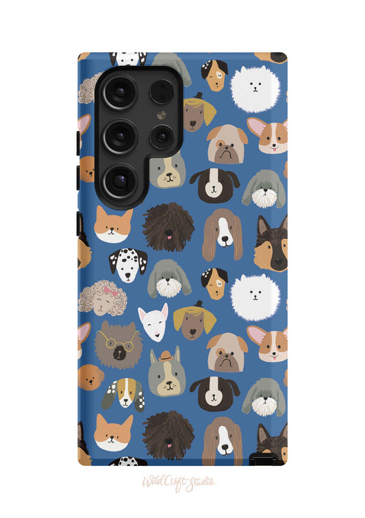 a blue phone case with dogs on it