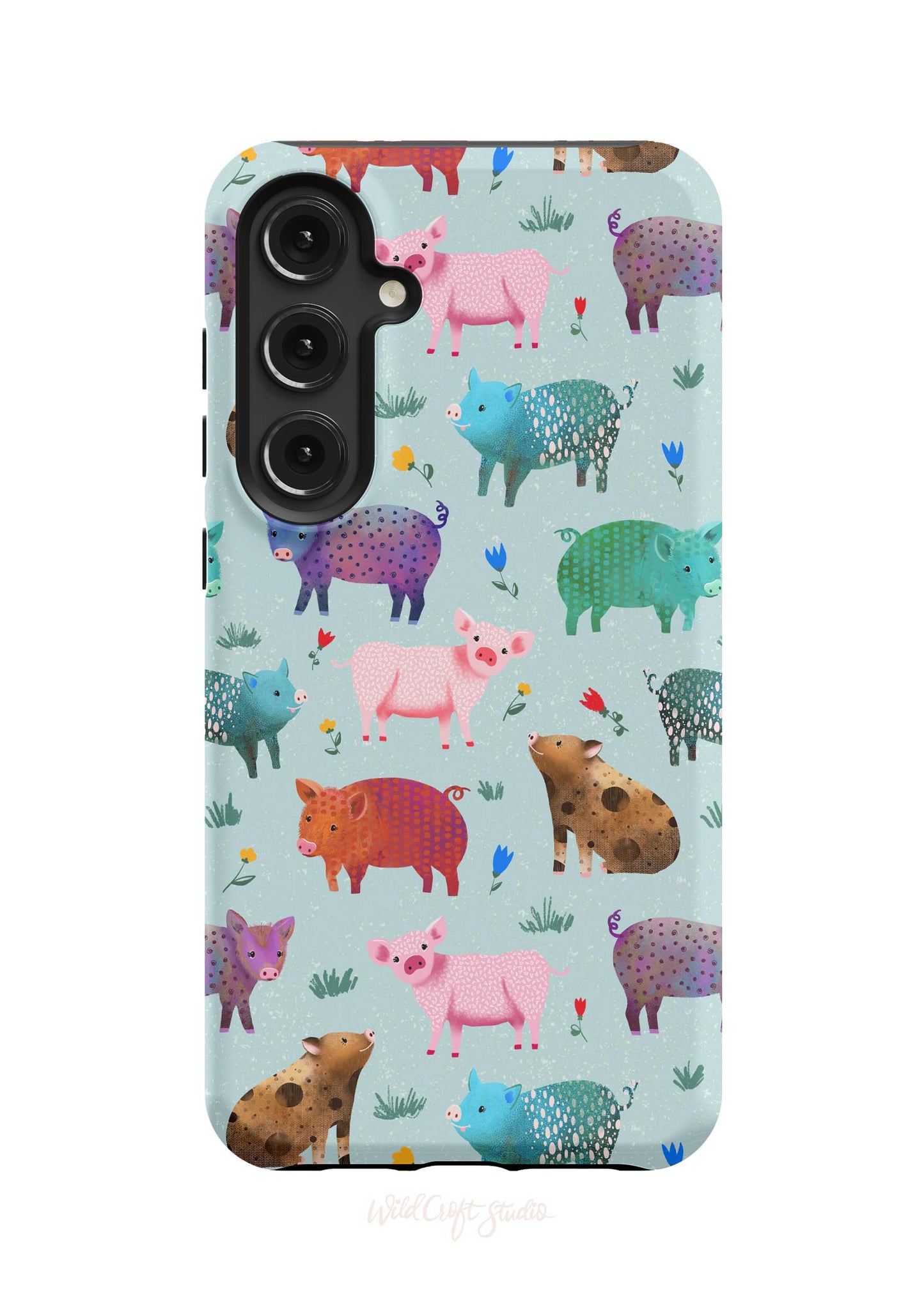 a phone case with pigs on a blue background