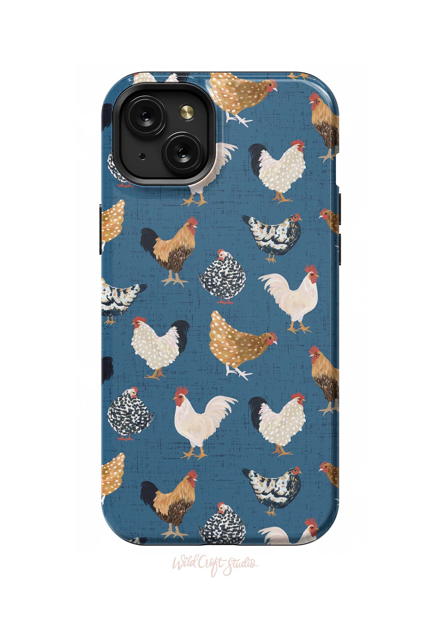 a blue phone case with chickens on it