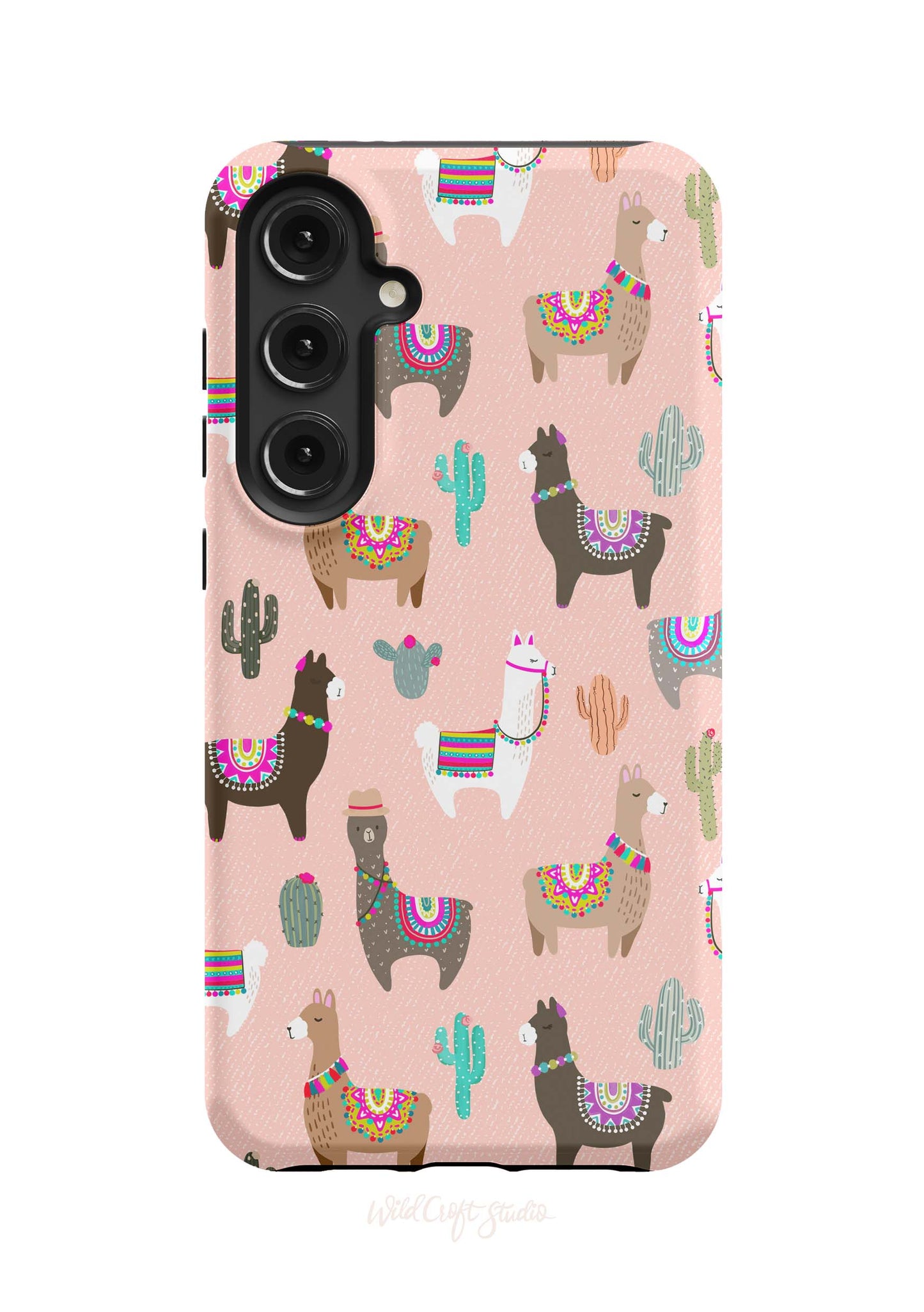 a pink phone case with llamas and cacti on it