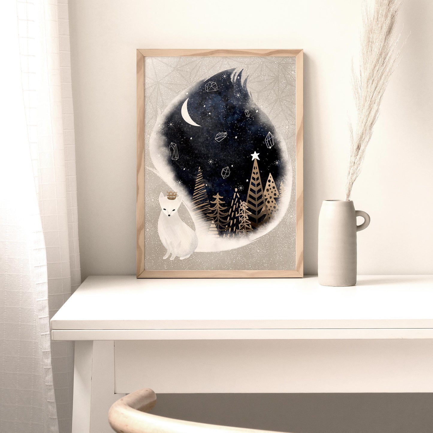 White Fox Night Winter Art Print