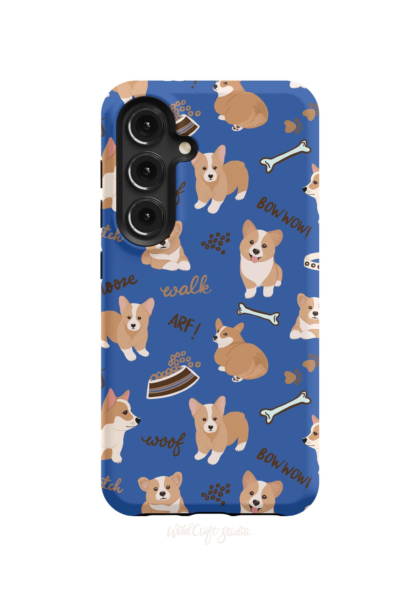 a blue phone case with corgi on it