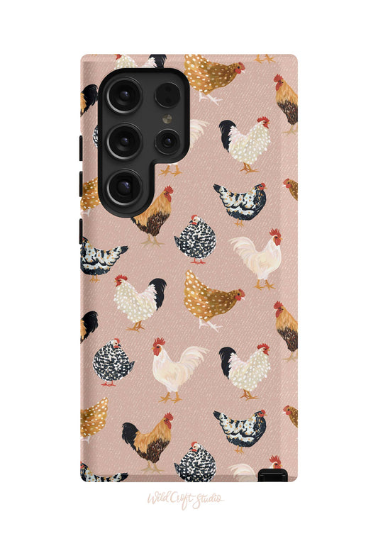 a pink phone case with chickens on it