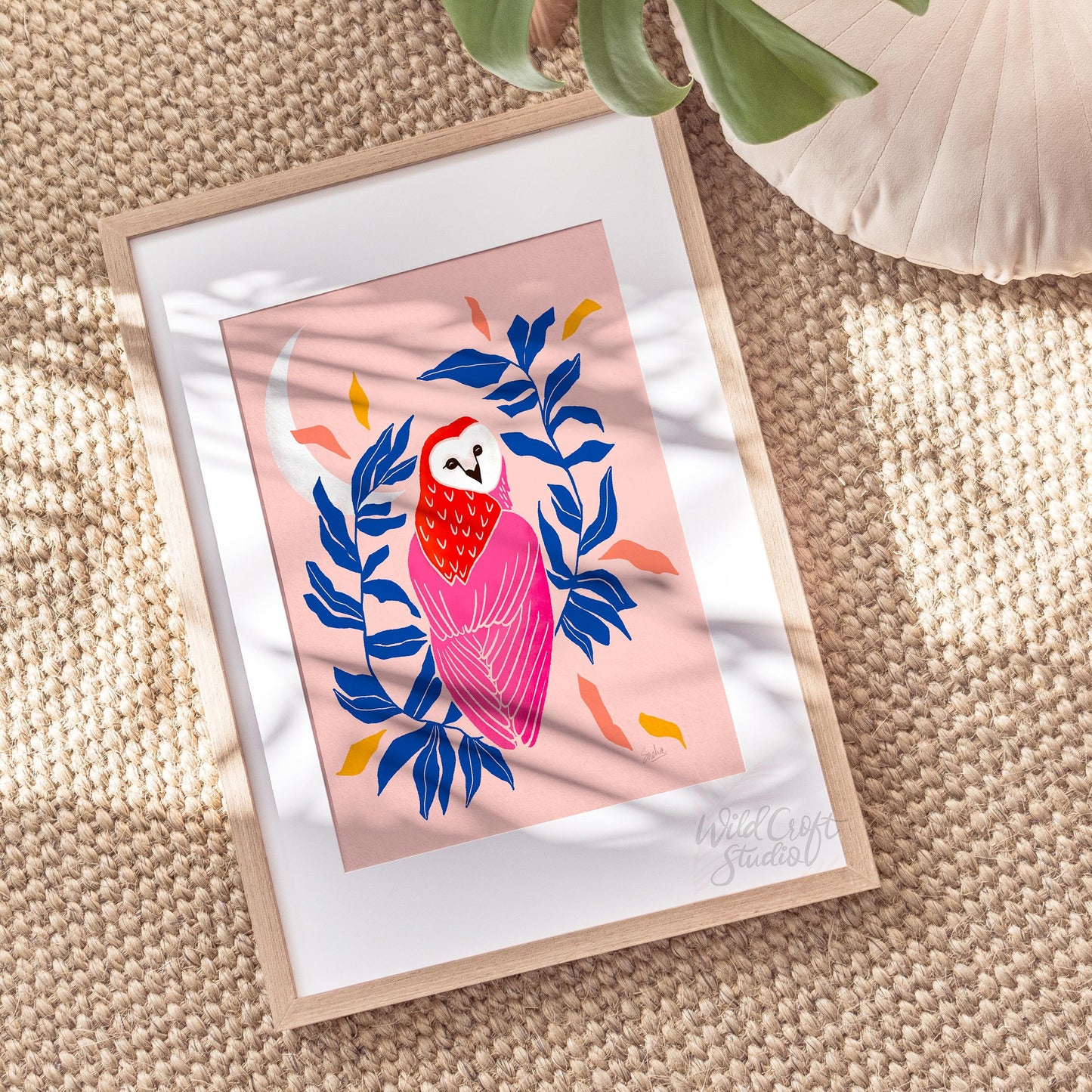 Pink + Blue Owl and Moon Art Print