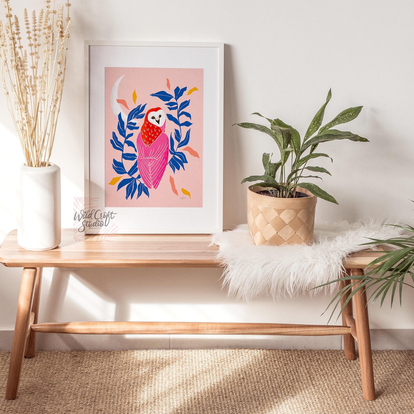 Pink + Blue Owl and Moon Art Print