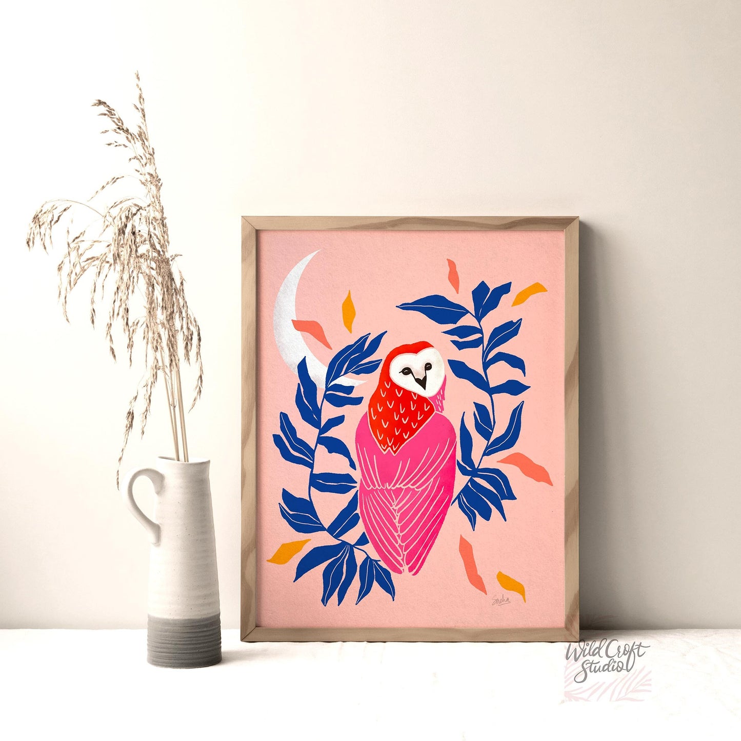Pink + Blue Owl and Moon Art Print