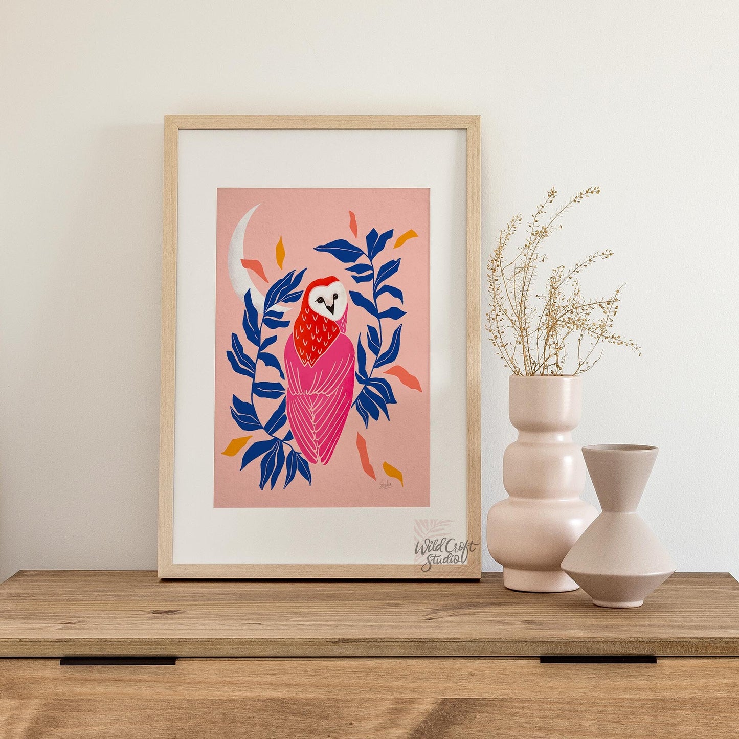 Pink + Blue Owl and Moon Art Print