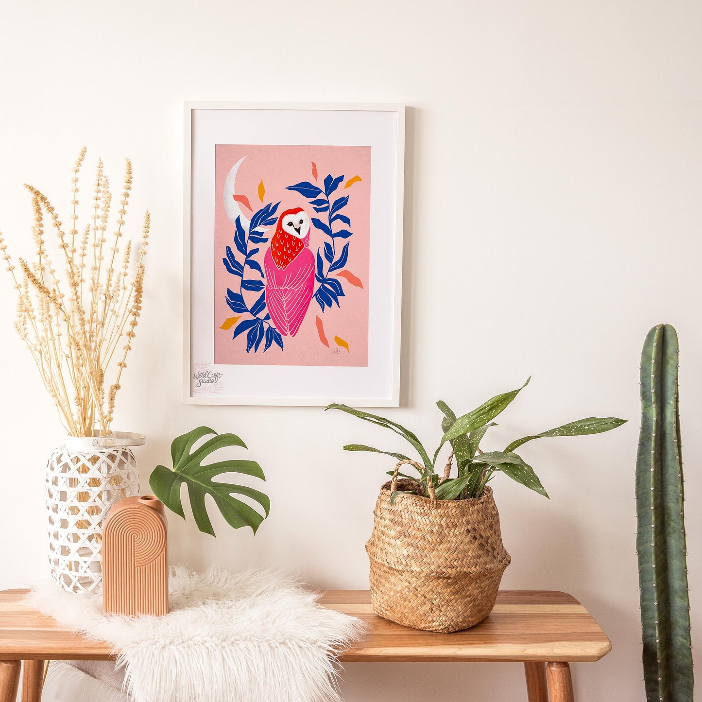 Pink + Blue Owl and Moon Art Print