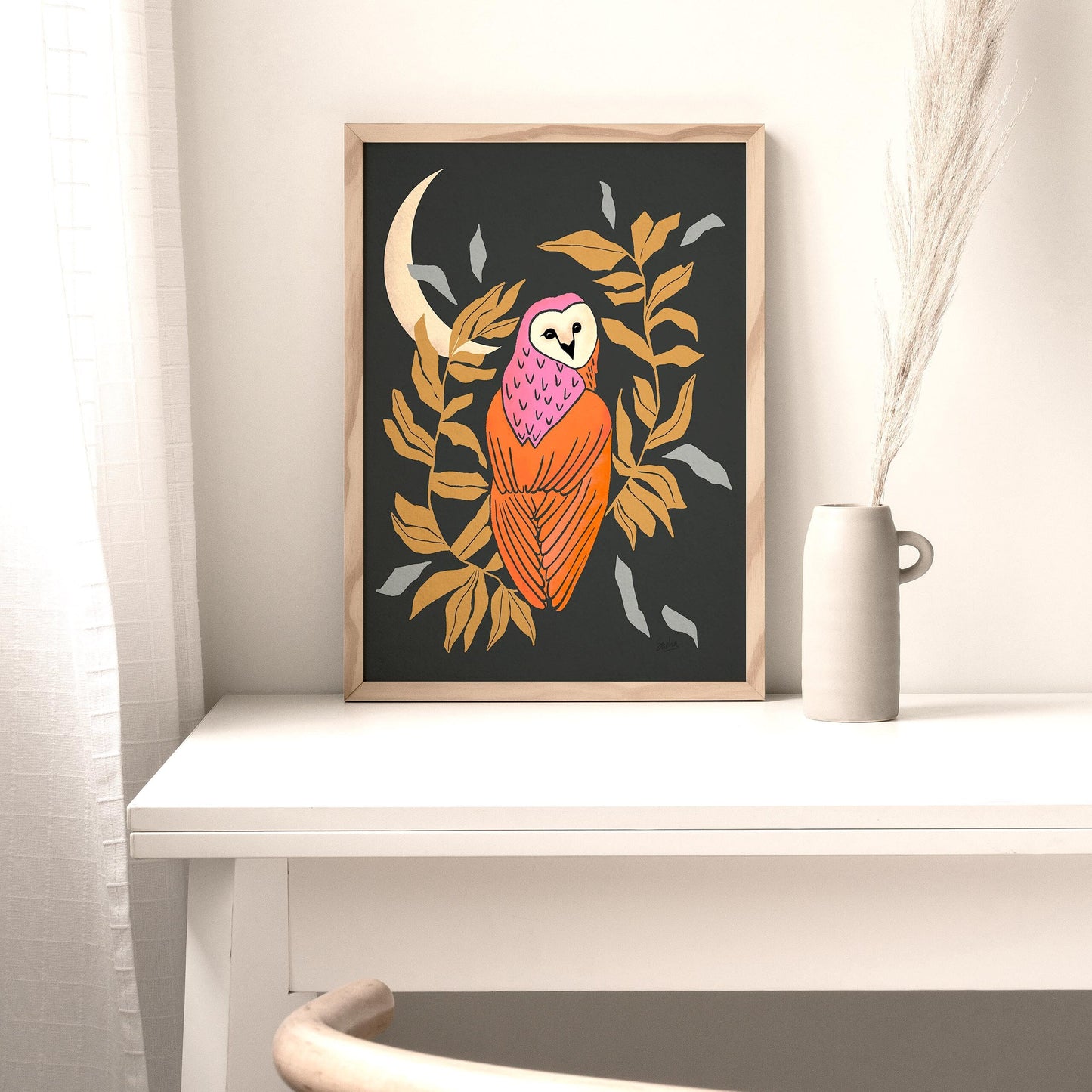 Black and Orange Owl and Moon Art Print