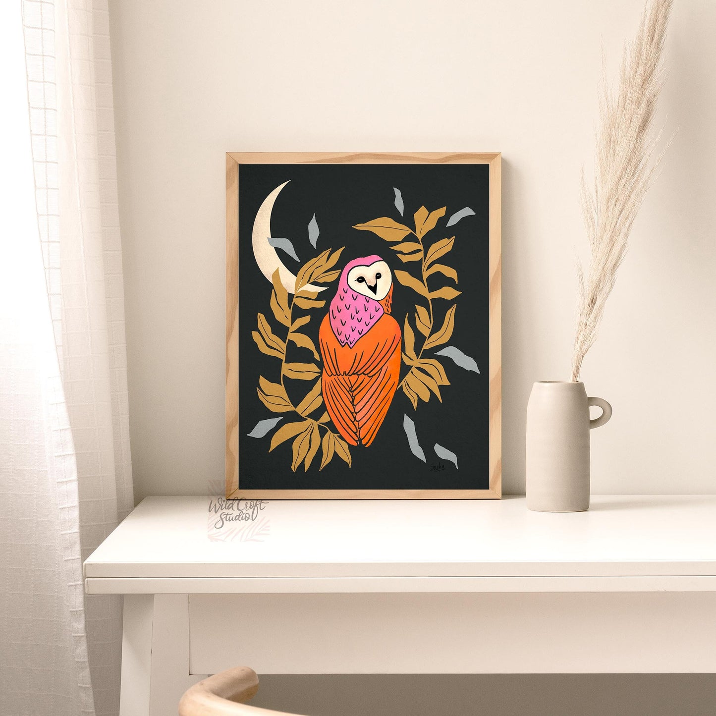 Black and Orange Owl and Moon Art Print
