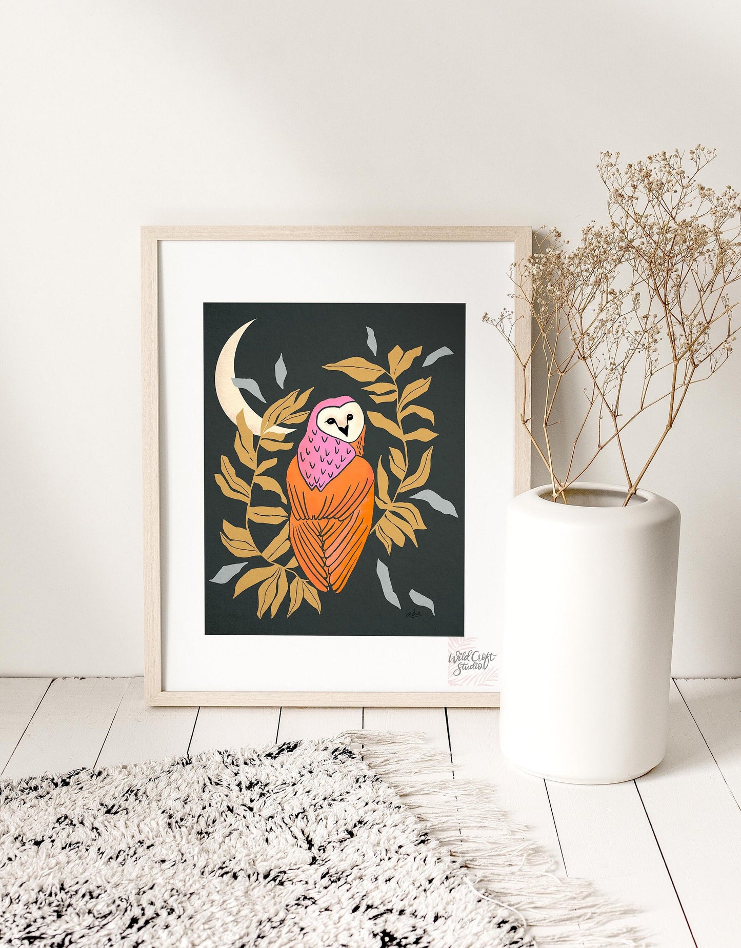 Black and Orange Owl and Moon Art Print