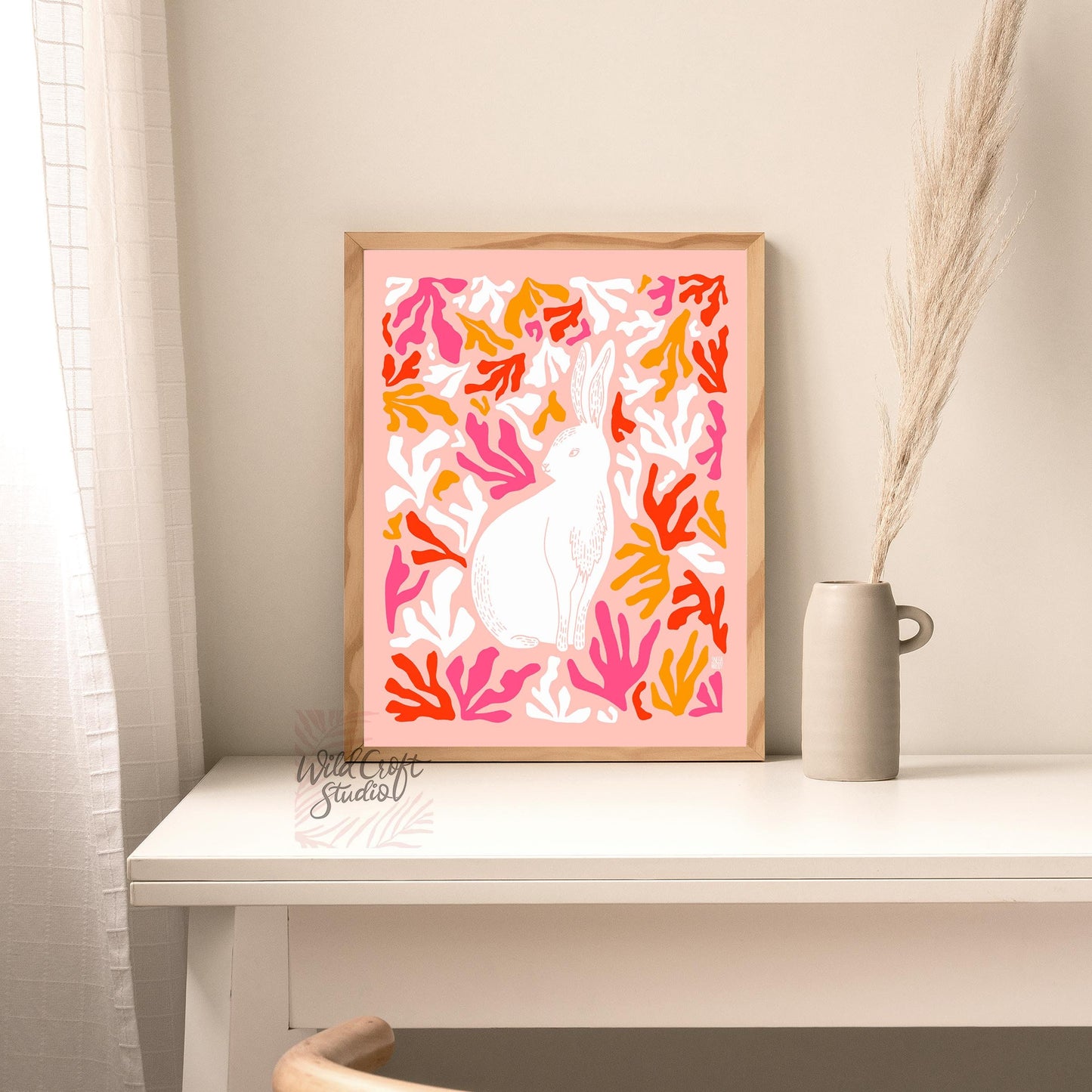 Pink + Peach + Red Matisse Style Bunny Art Print