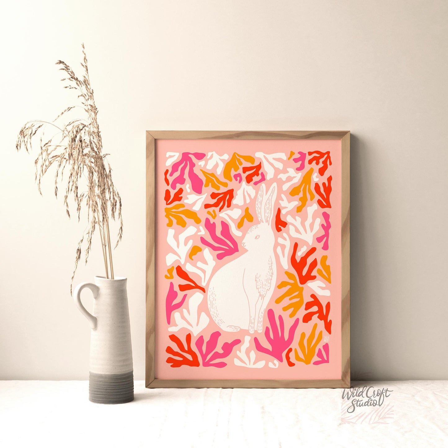 Pink + Peach + Red Matisse Style Bunny Art Print