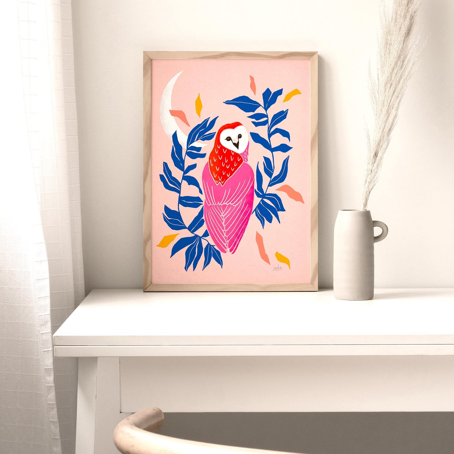 Pink + Blue Owl and Moon Art Print
