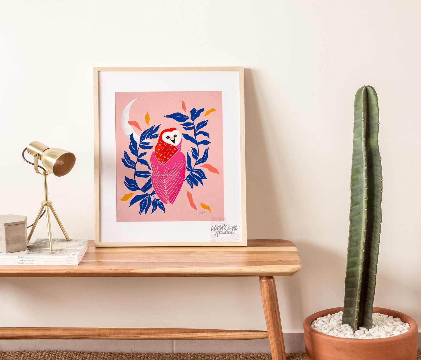 Pink + Blue Owl and Moon Art Print