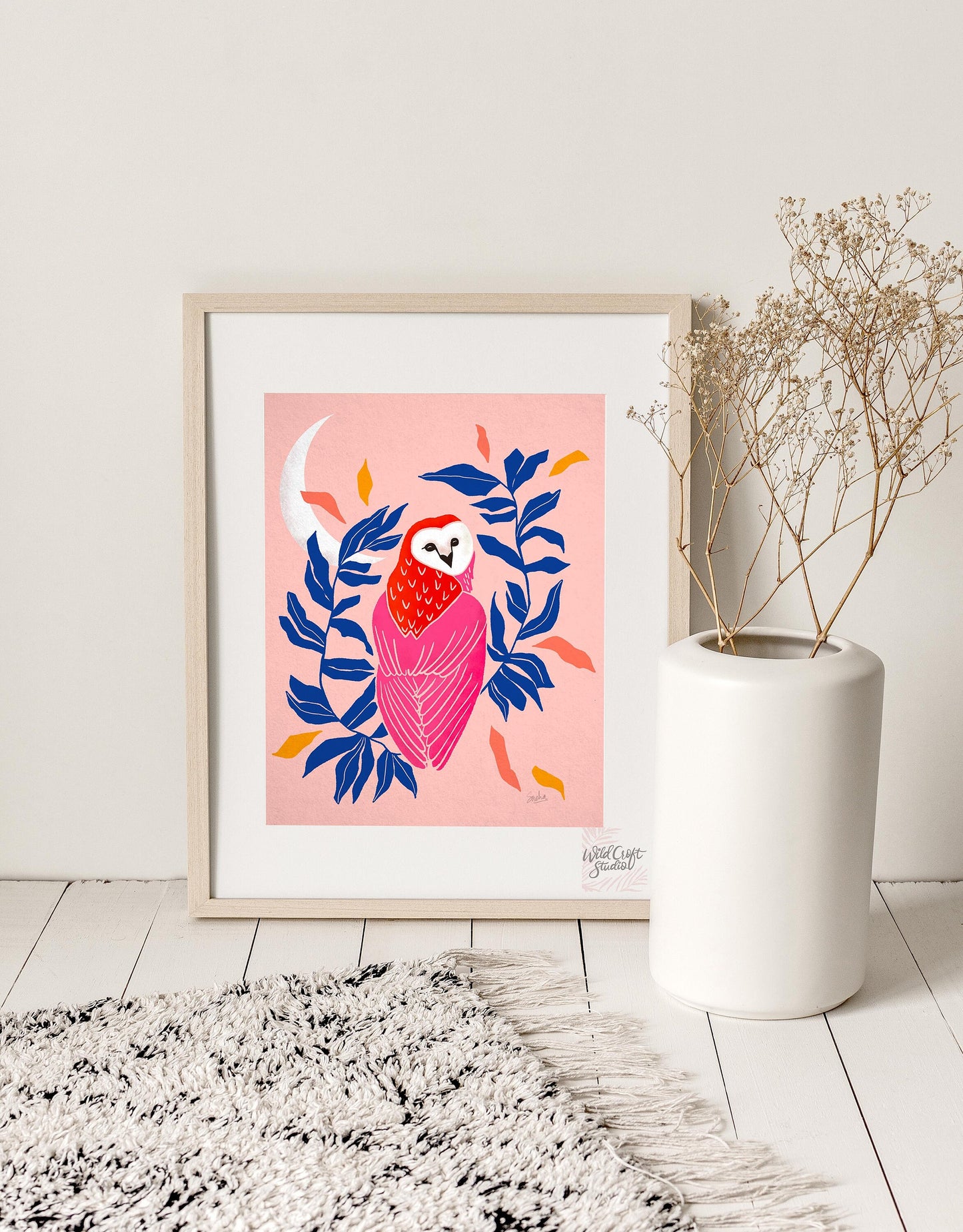 Pink + Blue Owl and Moon Art Print