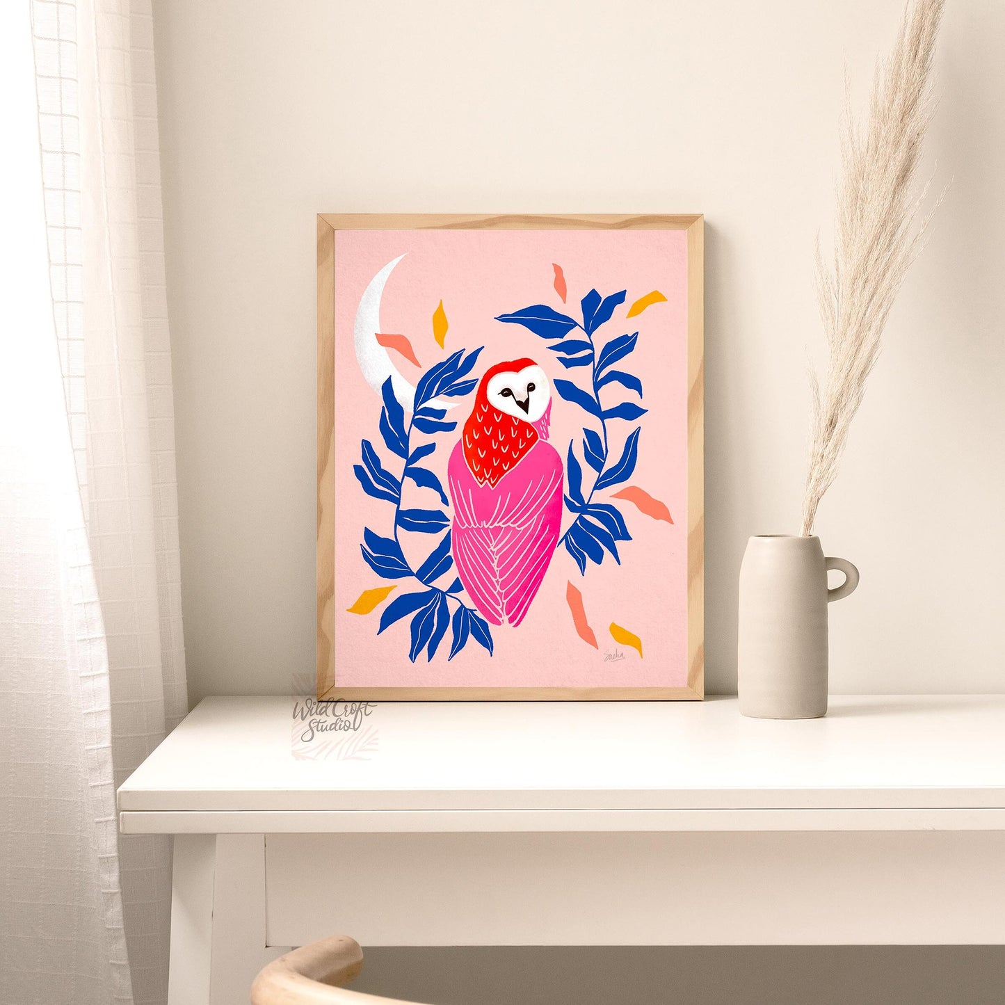 Pink + Blue Owl and Moon Art Print
