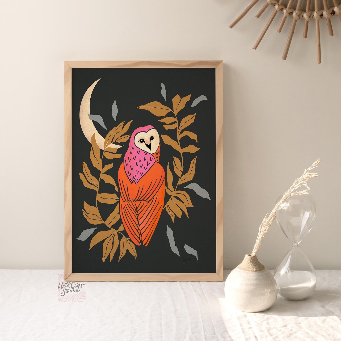 Black and Orange Owl and Moon Art Print