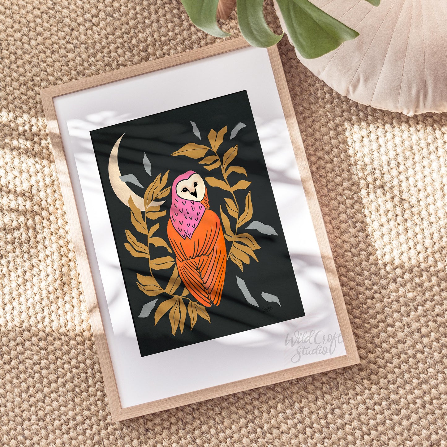 Black and Orange Owl and Moon Art Print