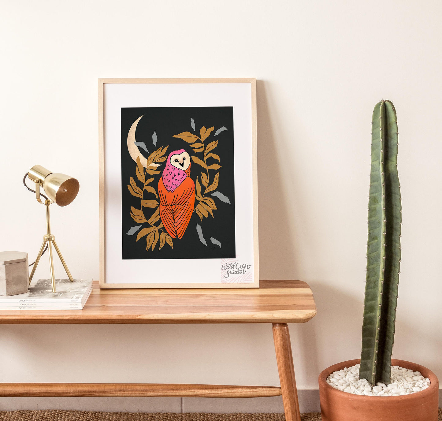 Black and Orange Owl and Moon Art Print