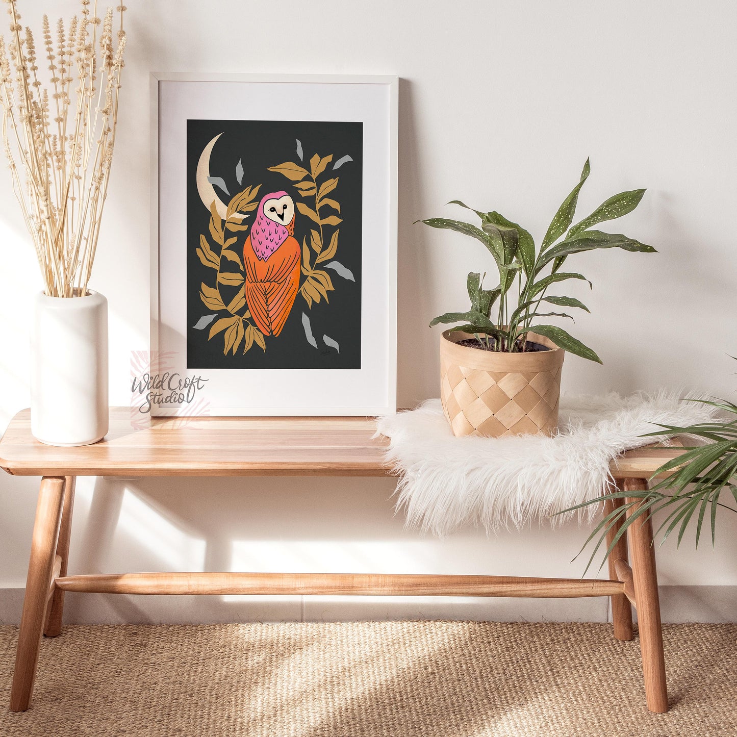 Black and Orange Owl and Moon Art Print