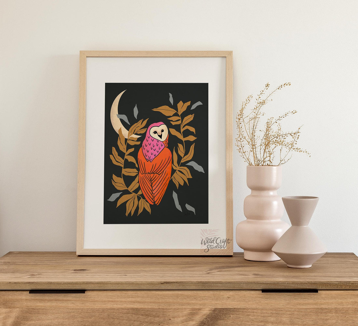 Black and Orange Owl and Moon Art Print