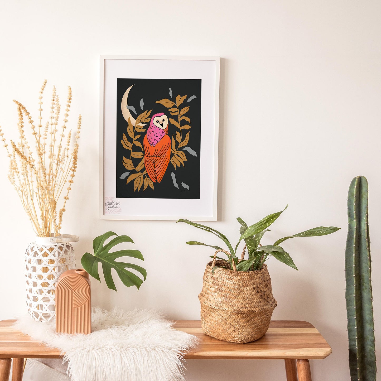Black and Orange Owl and Moon Art Print
