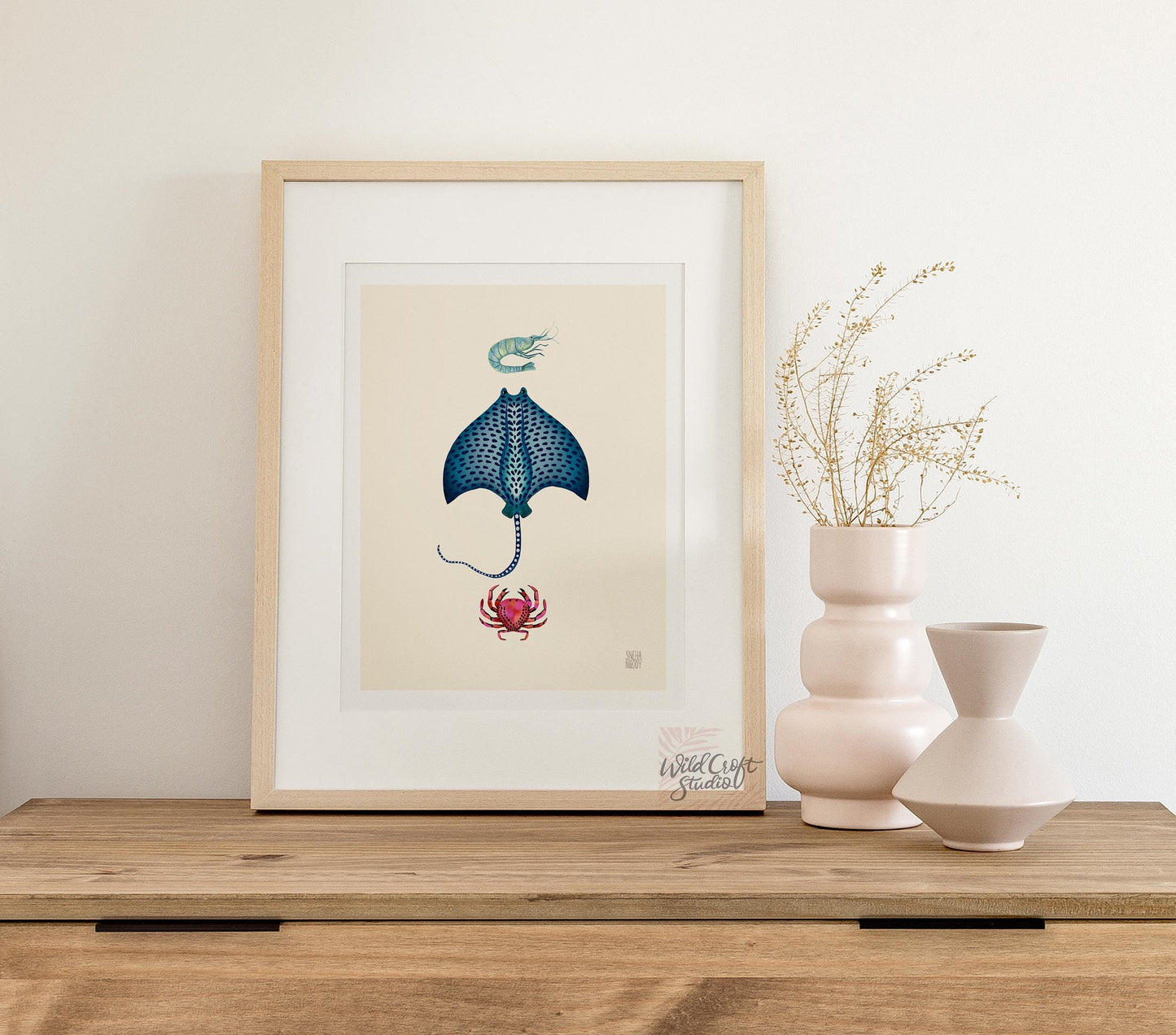 Manta ray, Shrimp, Crab Art Print