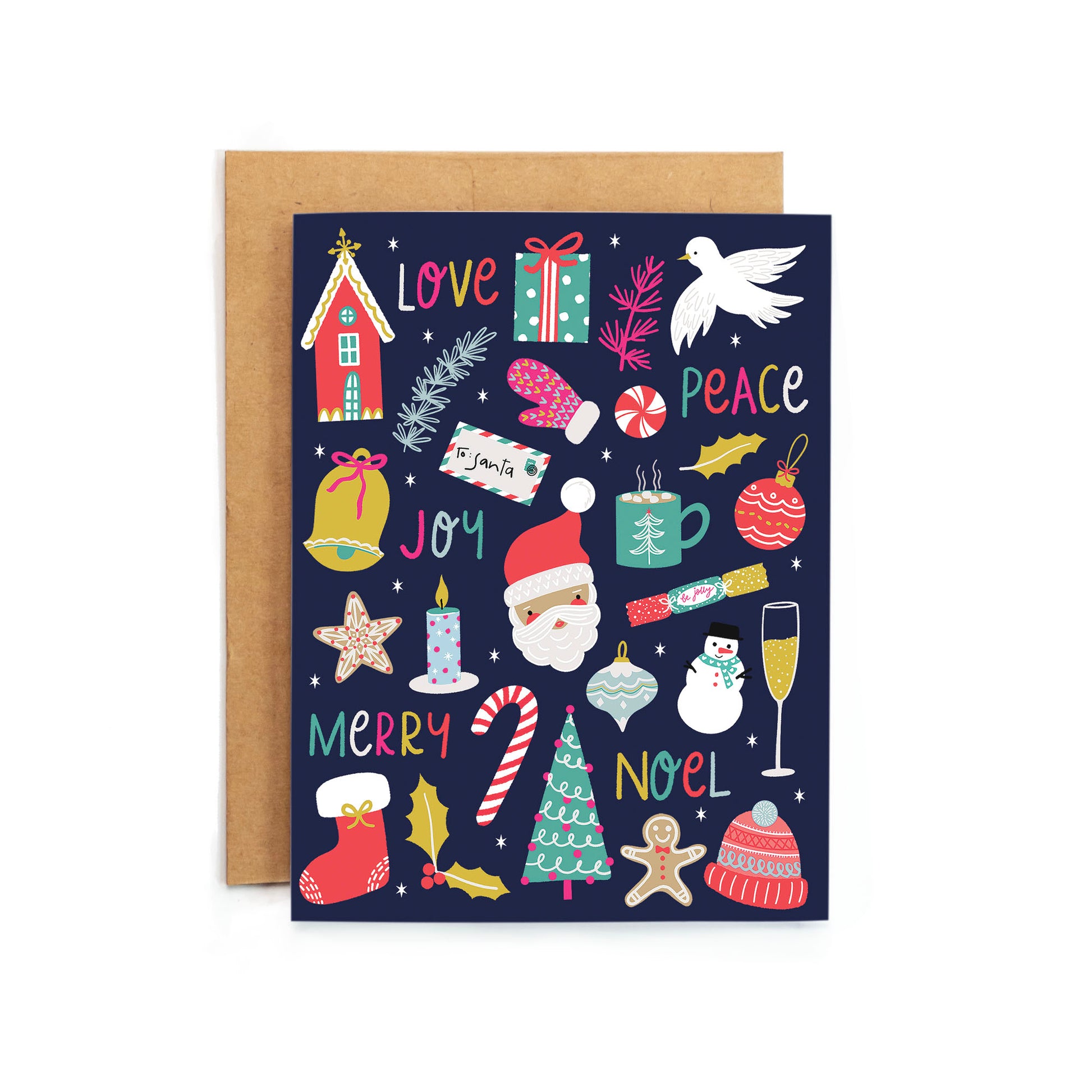 a christmas card with holiday icons on it