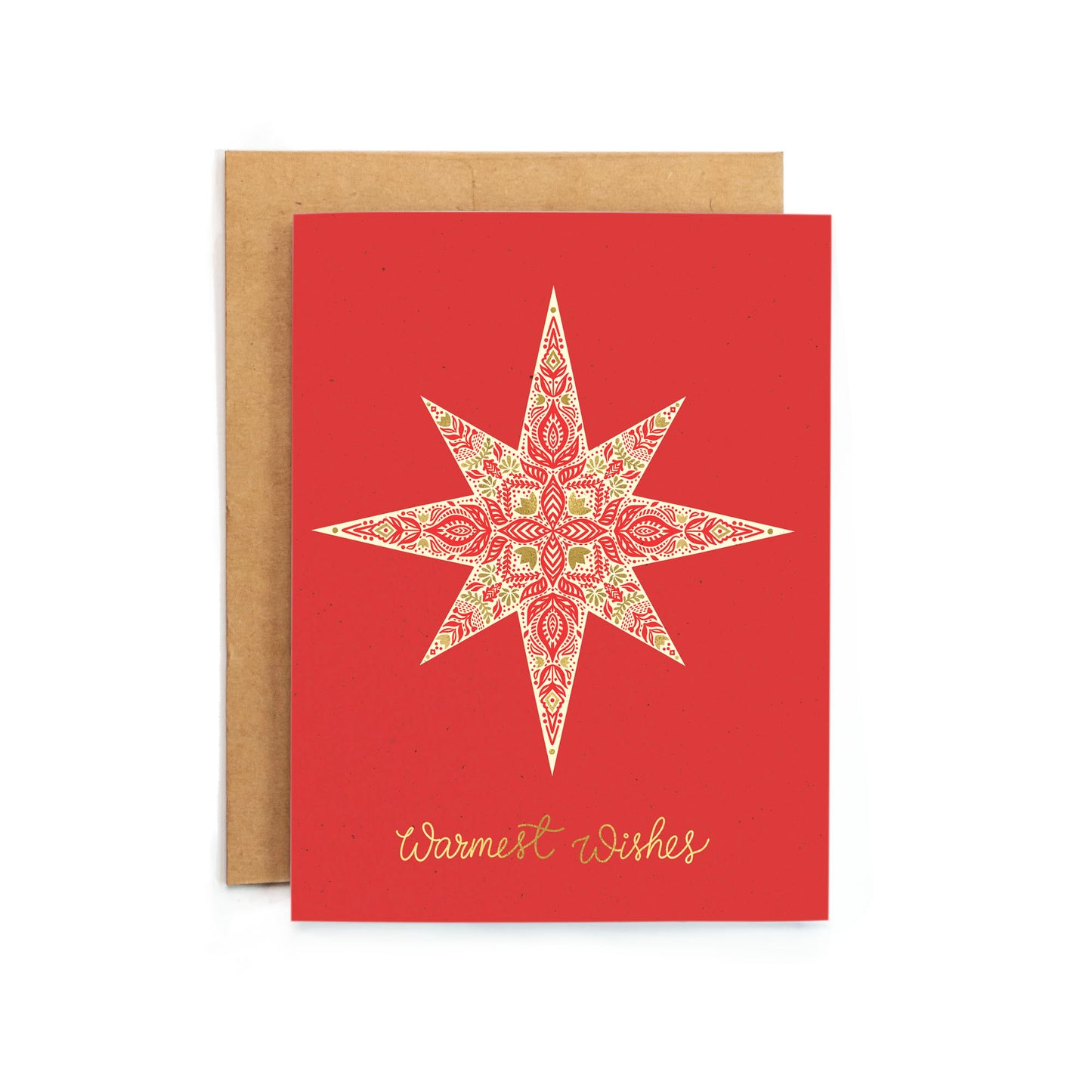 a red christmas card with a gold star on it