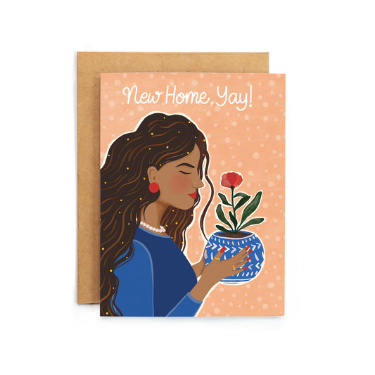 a card with a woman holding a vase of flowers