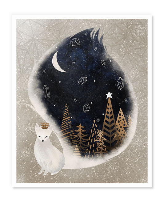 a painting of a white cat and trees
