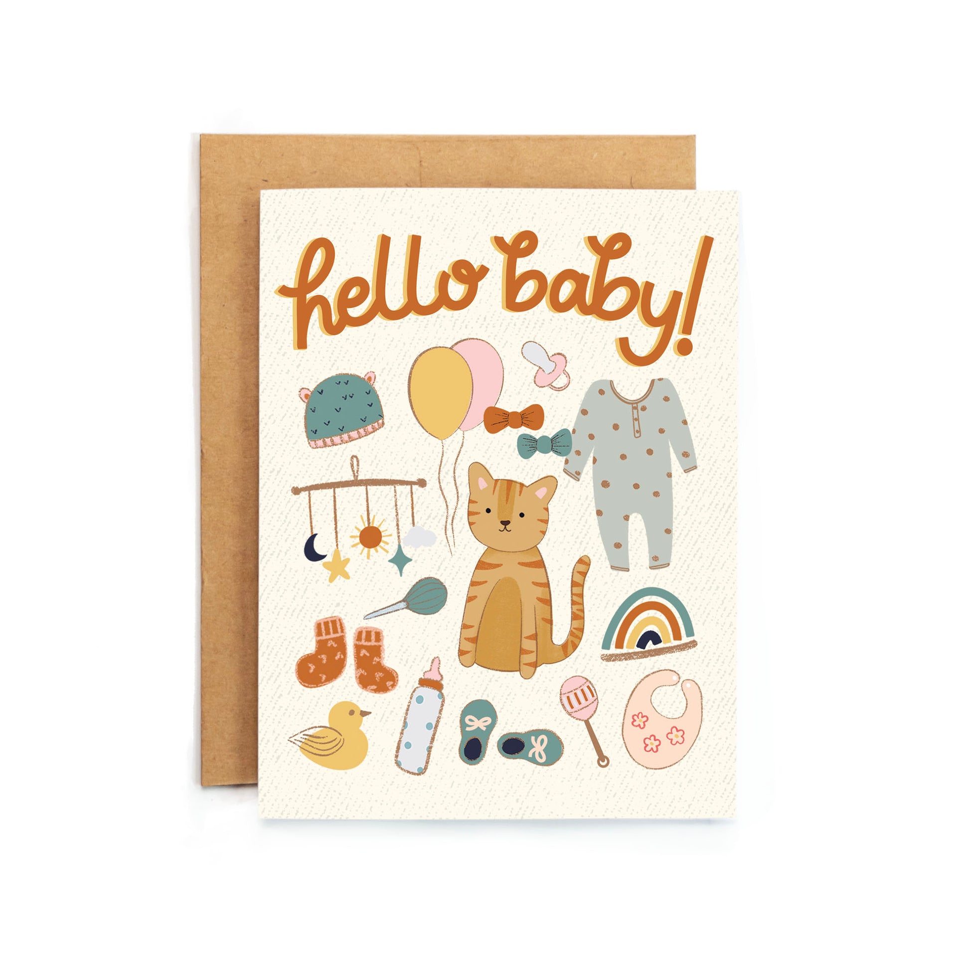 a card with a cat and baby items on it