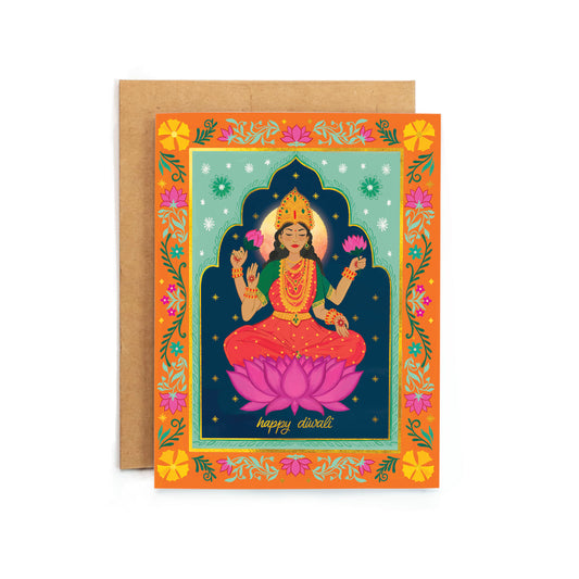 a card with a buddha sitting on a lotus flower