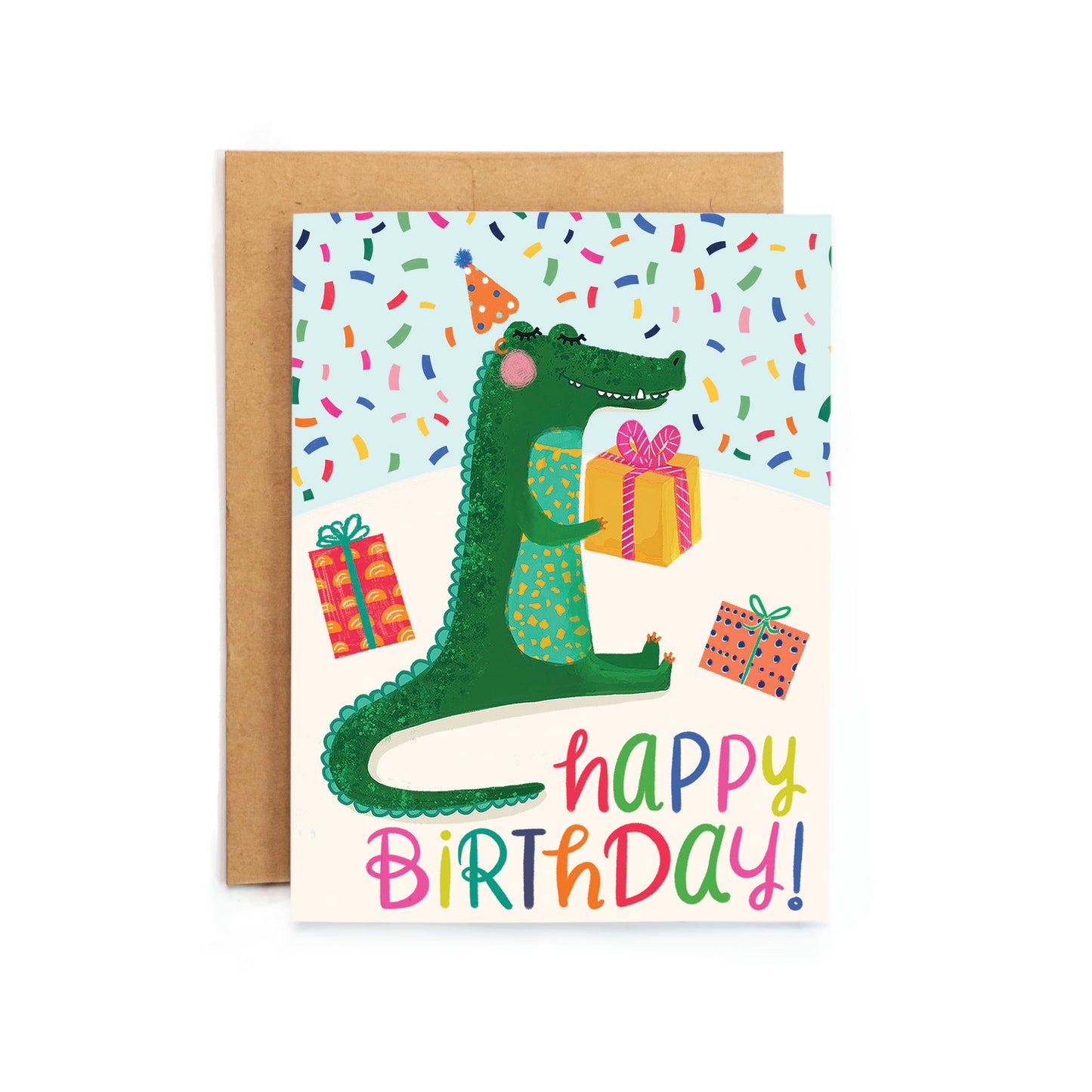 a birthday card with a crocodile holding a present