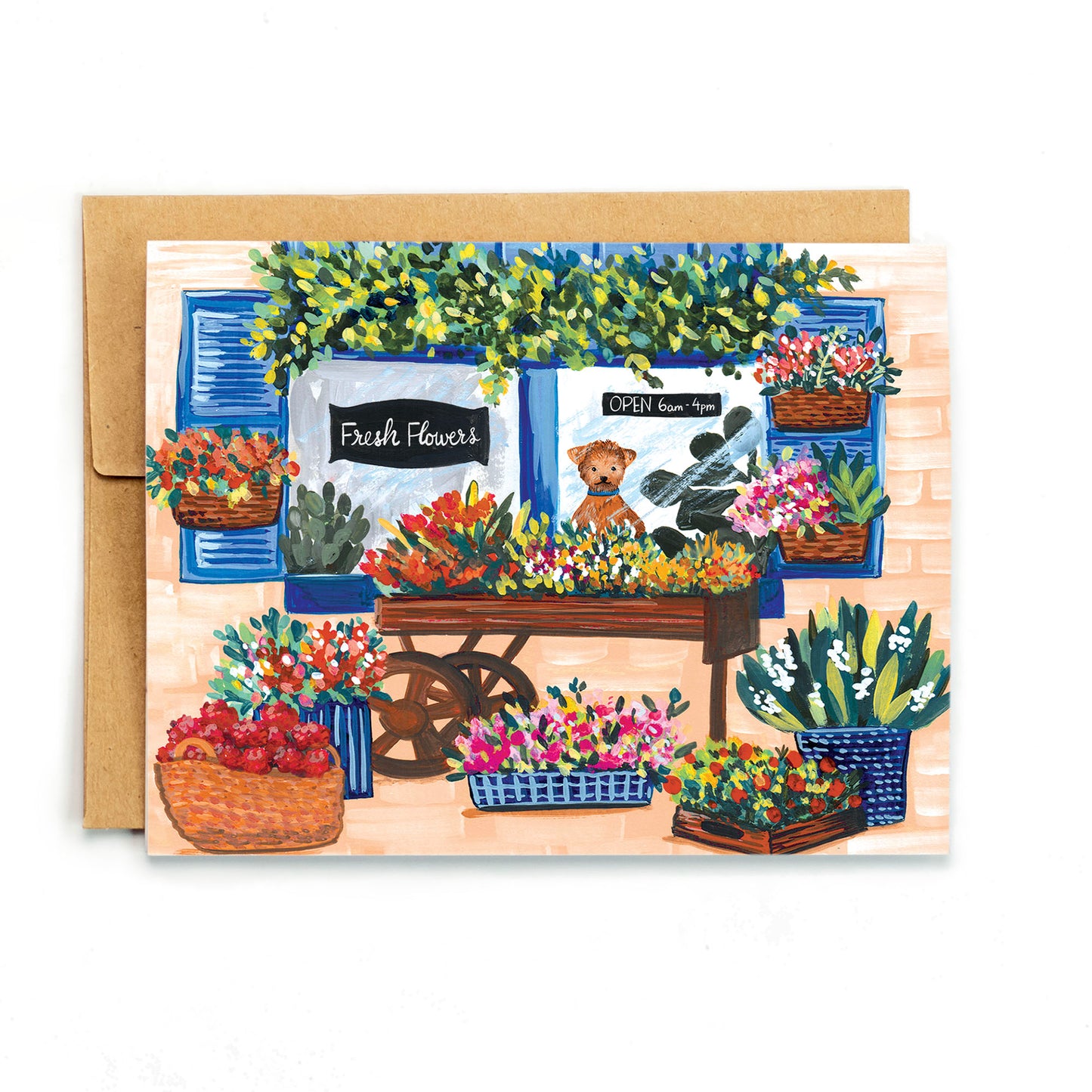 a card with a painting of a flower shop