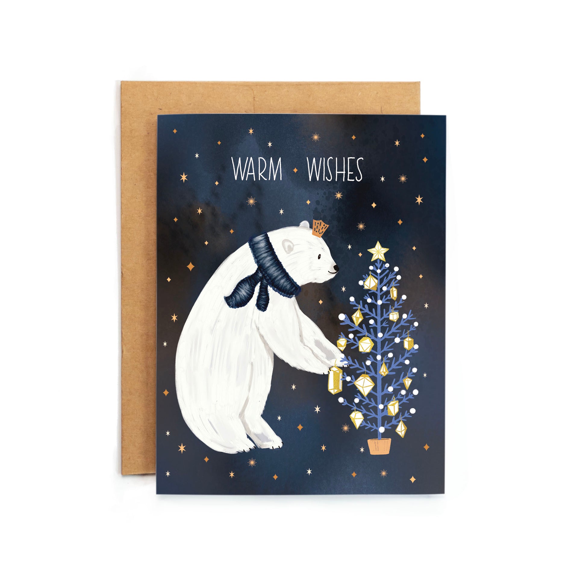 a card with a polar bear holding a christmas tree