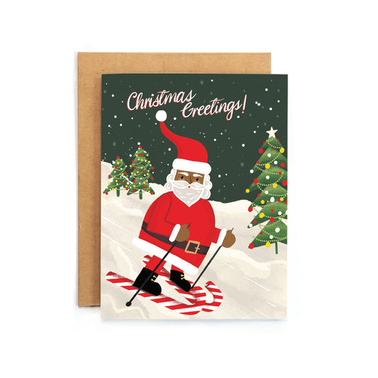 a christmas card with a santa claus skiing