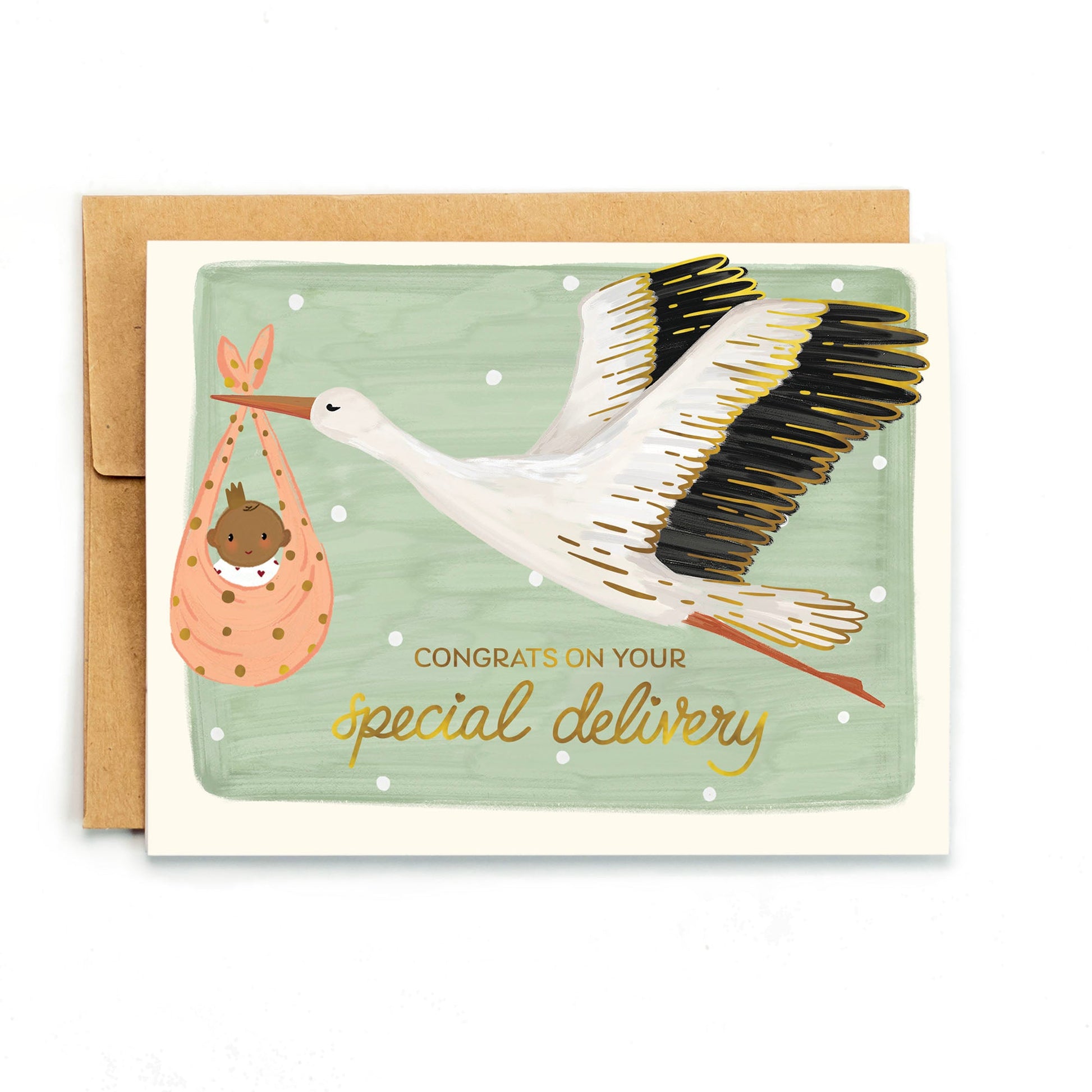 a card with a stork carrying a baby