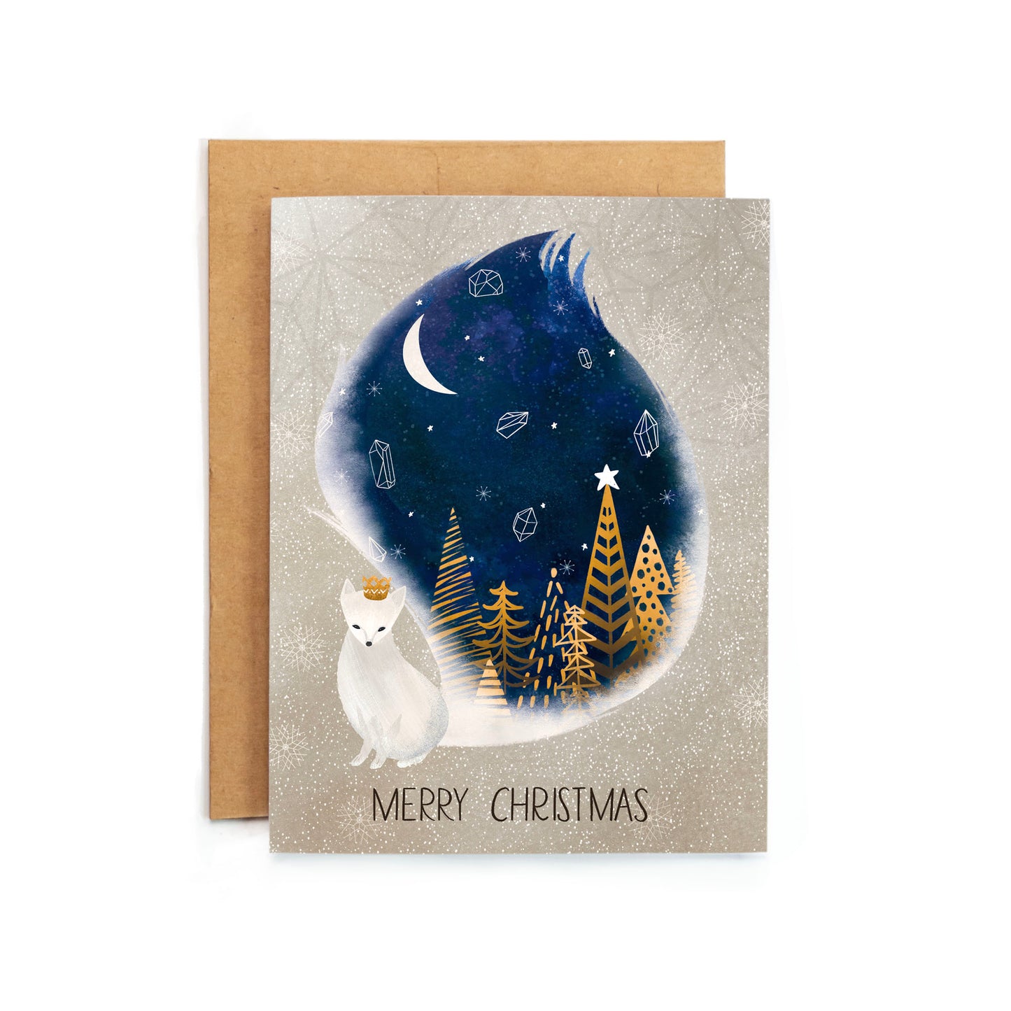 a christmas card with a white cat and trees