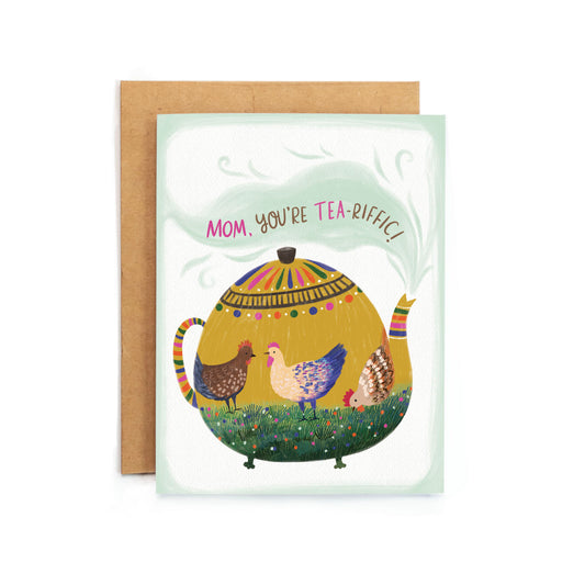 a card with a teapot and chickens on it